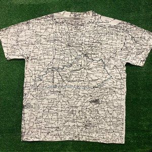 Vintage 90s USA Road Map Interstate Highways T-Shirt Single Stitch White L